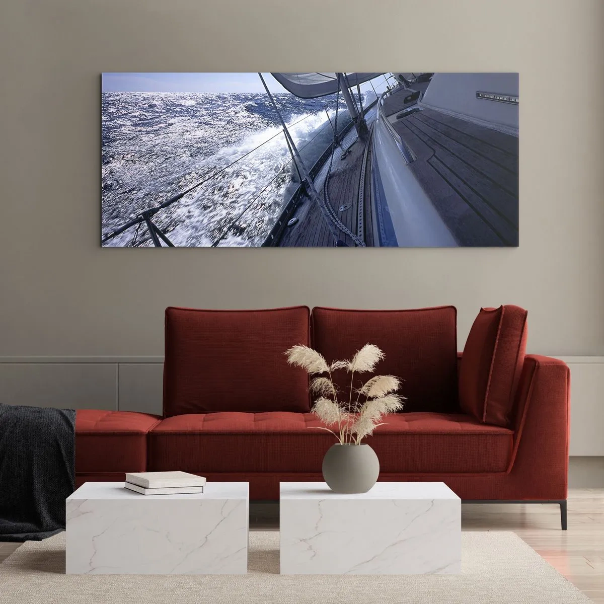 Glasbild - Bild auf glas - Ein Segelboot in stürmischer See mit weißen Segeln und einem Holzdeck. - 120x50cm - Ich weiß was es heißt ein Vogel zu sein - Moderne Wanddekoration für Wohnzimmer und Schlafzimmer ARTTOR