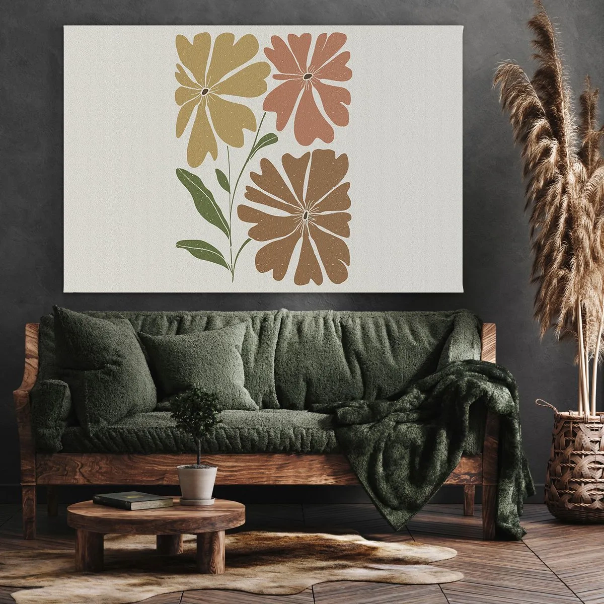Bild auf Leinwand - Leinwandbild - Drei Blumen in warmen Farben auf hellem Hintergrund - 100x70cm - Natur und Geometrie - Moderne Wanddekoration für Wohnzimmer und Schlafzimmer ARTTOR