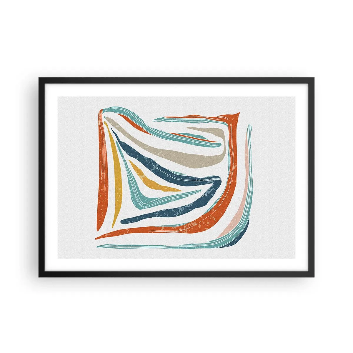 Poster in einem schwarzem Rahmen - Bunte, dynamische Linien in Blau-, Orange- und Beigetönen - 70x50cm - Abstraktion mit einem freundlichen Lächeln - Moderne Wanddekoration für Wohnzimmer und Schlafzimmer ARTTOR