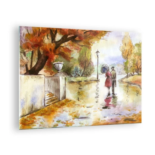 Glasbild - Bild auf glas - Herbstspaziergang eines Paares durch einen Park mit bunten Blättern - 70x50cm - Romantischer Herbst im Park - Moderne Wanddekoration für Wohnzimmer und Schlafzimmer ARTTOR