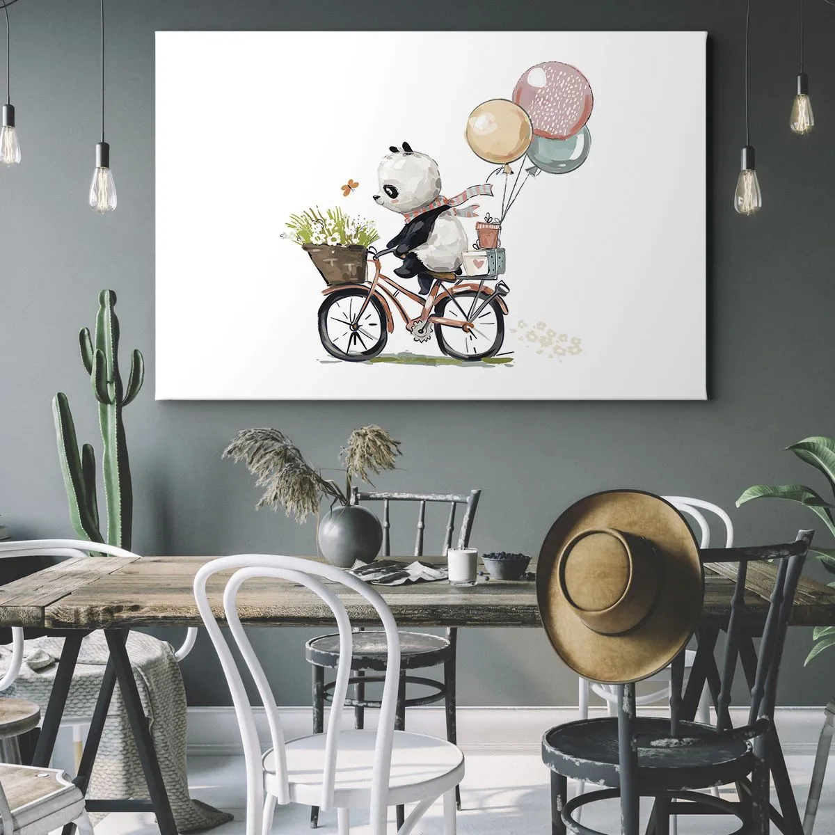 Bild auf Leinwand - Leinwandbild - Panda auf einem Fahrrad mit Luftballons und Blumen - 70x50cm - Glücklicher Tag - Moderne Wanddekoration für Wohnzimmer und Schlafzimmer ARTTOR
