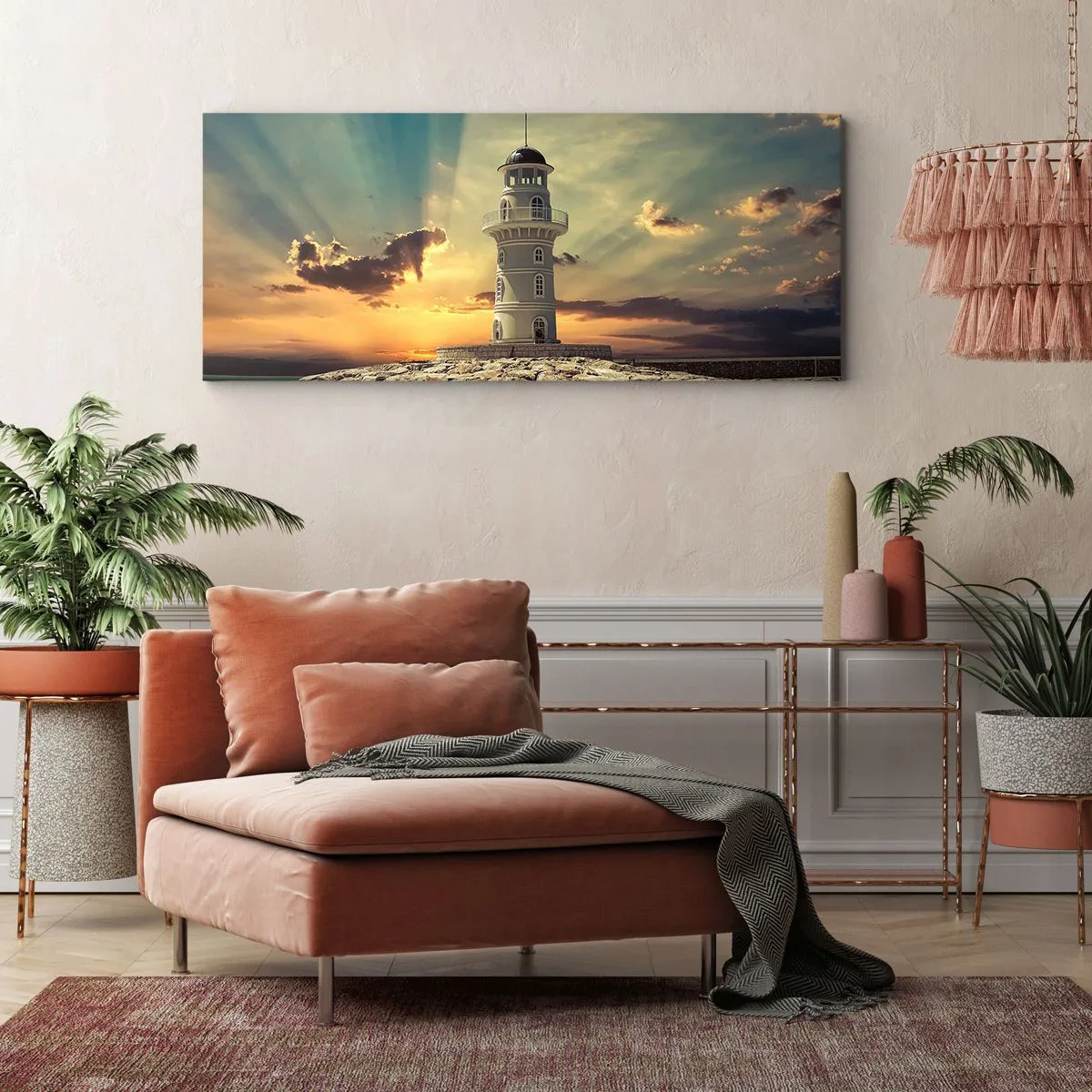 Bild auf Leinwand - Leinwandbild - Ein Leuchtturm bei Sonnenuntergang gegen den Himmel - 140x50cm - Licht - Gut - Schönheit - Moderne Wanddekoration für Wohnzimmer und Schlafzimmer ARTTOR