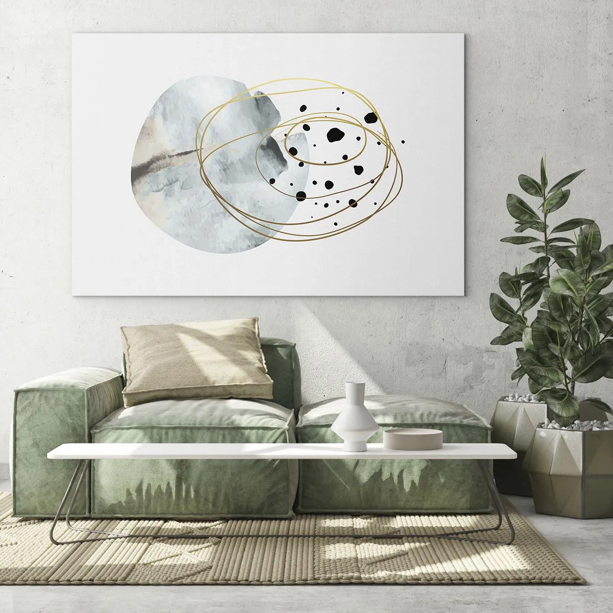 Glasbild - Bild auf glas - Abstrakte Komposition mit blauem Fleck und goldenen Linien - 70x50cm - Vom Weltraum umarmt - Moderne Wanddekoration für Wohnzimmer und Schlafzimmer ARTTOR