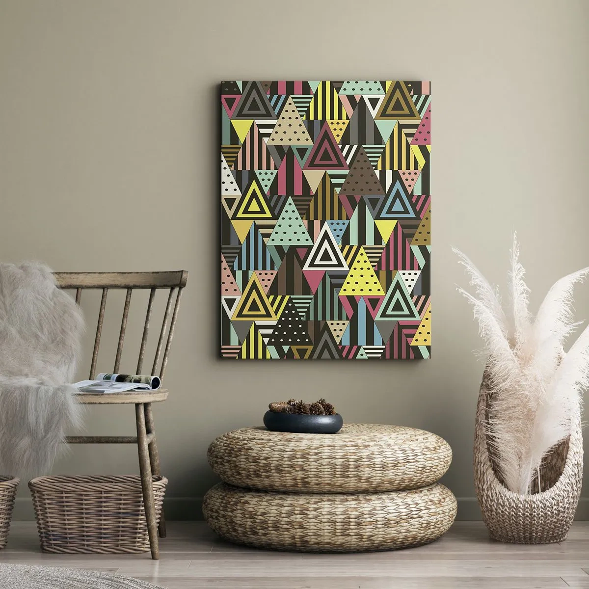 Bild auf Leinwand - Leinwandbild - Buntes geometrisches Muster mit Dreiecken und Linien - 70x100cm - Im Rhythmus auf drei - Moderne Wanddekoration für Wohnzimmer und Schlafzimmer ARTTOR