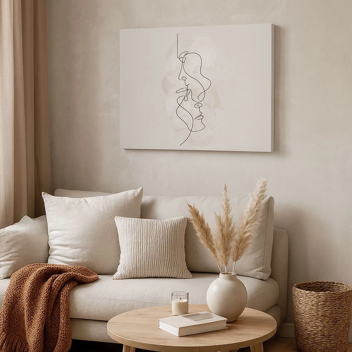 Bild auf Leinwand - Leinwandbild - Abstrakte Umrisse zweier Gesichter auf hellem Hintergrund - 70x50cm - Verstrickt in eine Umarmung - Moderne Wanddekoration für Wohnzimmer und Schlafzimmer ARTTOR