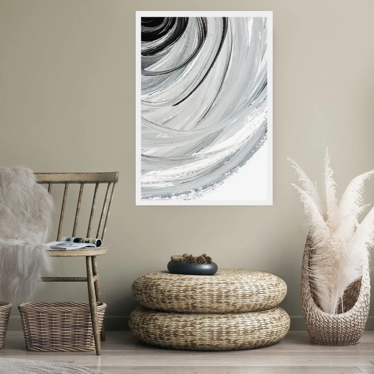 Poster - Dynamische Abstraktion in Schwarz-, Weiß- und Grautönen - 50x70cm - Orbitale Komposition - Moderne Wanddekoration für Wohnzimmer und Schlafzimmer ARTTOR