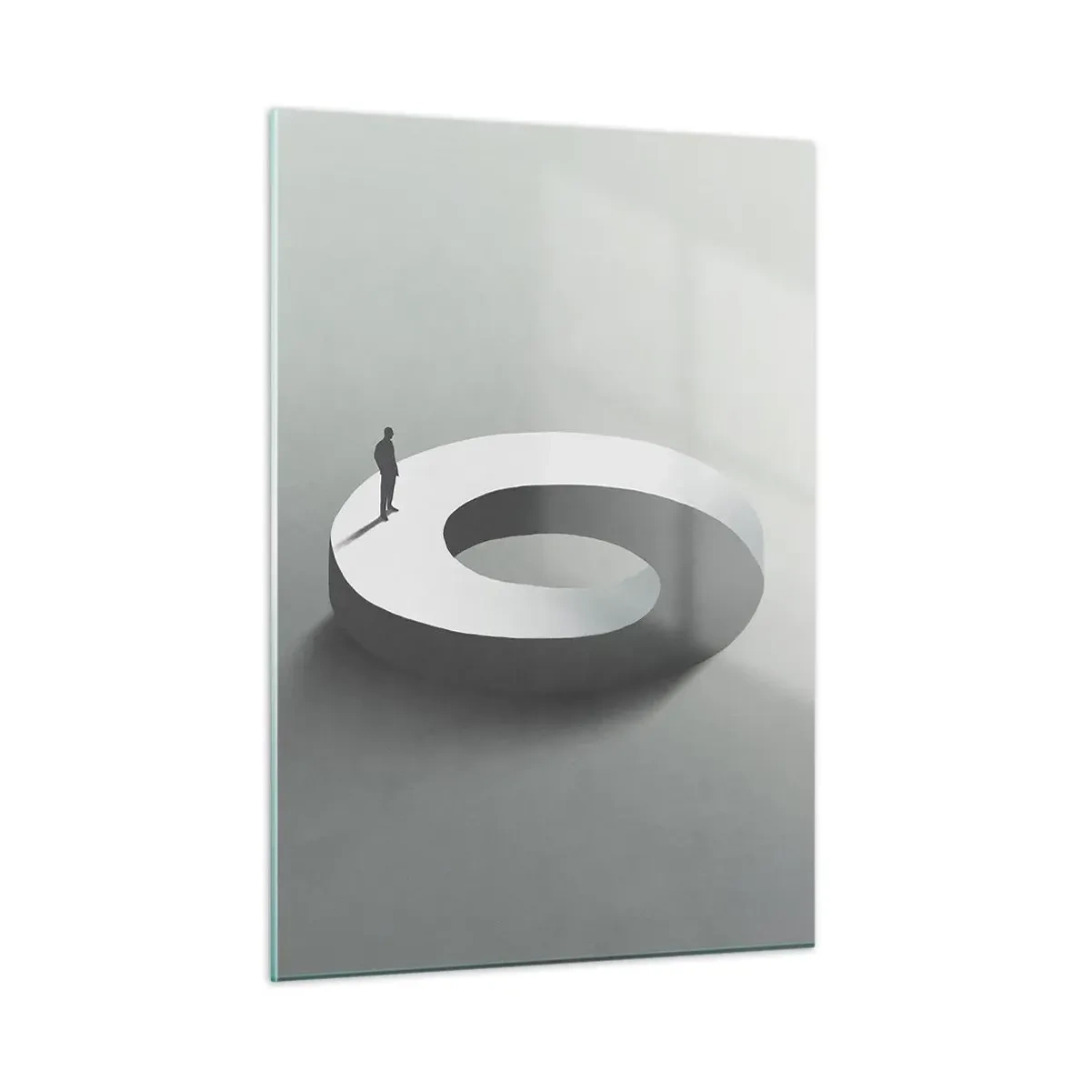 Glasbild - Bild auf glas - Eine minimalistische Silhouette eines Mannes auf einem weißen Ring - 50x70cm - Und wie soll man davon klug werden - Moderne Wanddekoration für Wohnzimmer und Schlafzimmer ARTTOR