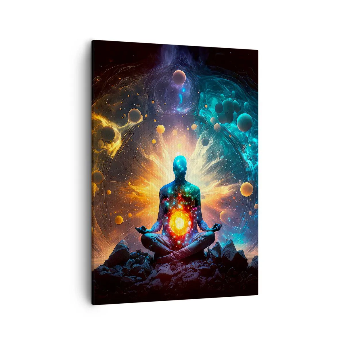 Bild auf Leinwand - Leinwandbild - Eine meditierende Figur, umgeben von einer kosmischen Aura - 50x70cm - Kosmischer Frieden - Moderne Wanddekoration für Wohnzimmer und Schlafzimmer ARTTOR