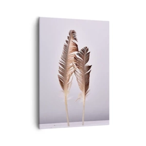 Bild auf Leinwand - Leinwandbild - Zarte Federn auf hellem Untergrund im minimalistischen Stil - 50x70cm - Gegen das Nichts - Moderne Wanddekoration für Wohnzimmer und Schlafzimmer ARTTOR