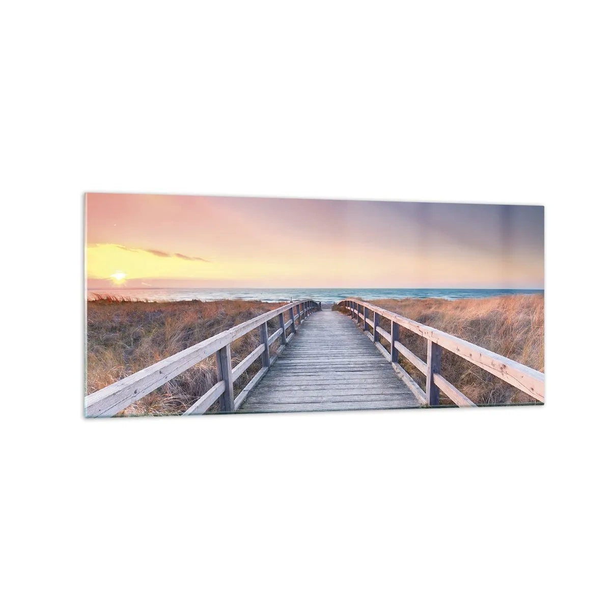 Glasbild - Bild auf glas - Ein Holzsteg führt bei Sonnenuntergang zum Strand, der Himmel ist in Pastellfarben gemalt. - 120x50cm - Baltische Abend-Aurora - Moderne Wanddekoration für Wohnzimmer und Schlafzimmer ARTTOR