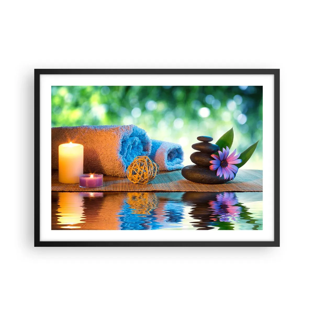 Poster in einem schwarzem Rahmen - Entspannendes SPA-Set mit Handtüchern, Kerzen und Steinen - 70x50cm - Zeit für den Körper - Moderne Wanddekoration für Wohnzimmer und Schlafzimmer ARTTOR