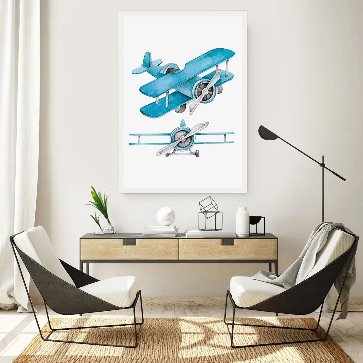 Poster - Aquarellblaue Doppeldecker - 50x70cm - Geboren um zu gewinnen - Moderne Wanddekoration für Wohnzimmer und Schlafzimmer ARTTOR