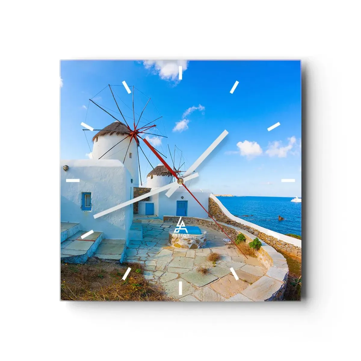 Wanduhr - Glasuhr - Weiße Windmühlen an den Ufern des blauen Meeres - 30x30cm - Der blaue Wind vom Meer - Moderne Wanddekoration für Wohnzimmer und Schlafzimmer ARTTOR