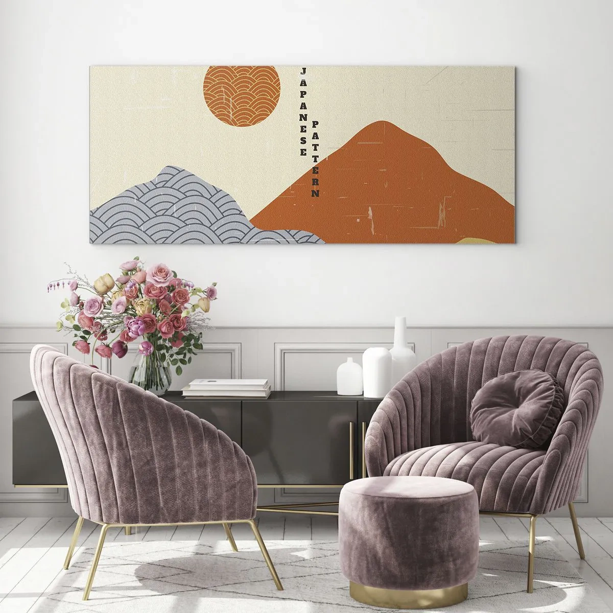 Glasbild - Bild auf glas - Japanische Muster mit Bergen, Sonne und minimalistischem Stil - 120x50cm - Im japanischen Geist - Moderne Wanddekoration für Wohnzimmer und Schlafzimmer ARTTOR