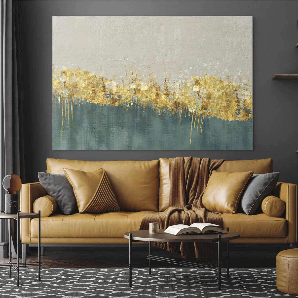 Glasbild - Bild auf glas - Goldakzente schaffen eine Grenze zwischen Beige und Flaschengrün - 120x80cm - Goldener Rand - Moderne Wanddekoration für Wohnzimmer und Schlafzimmer ARTTOR