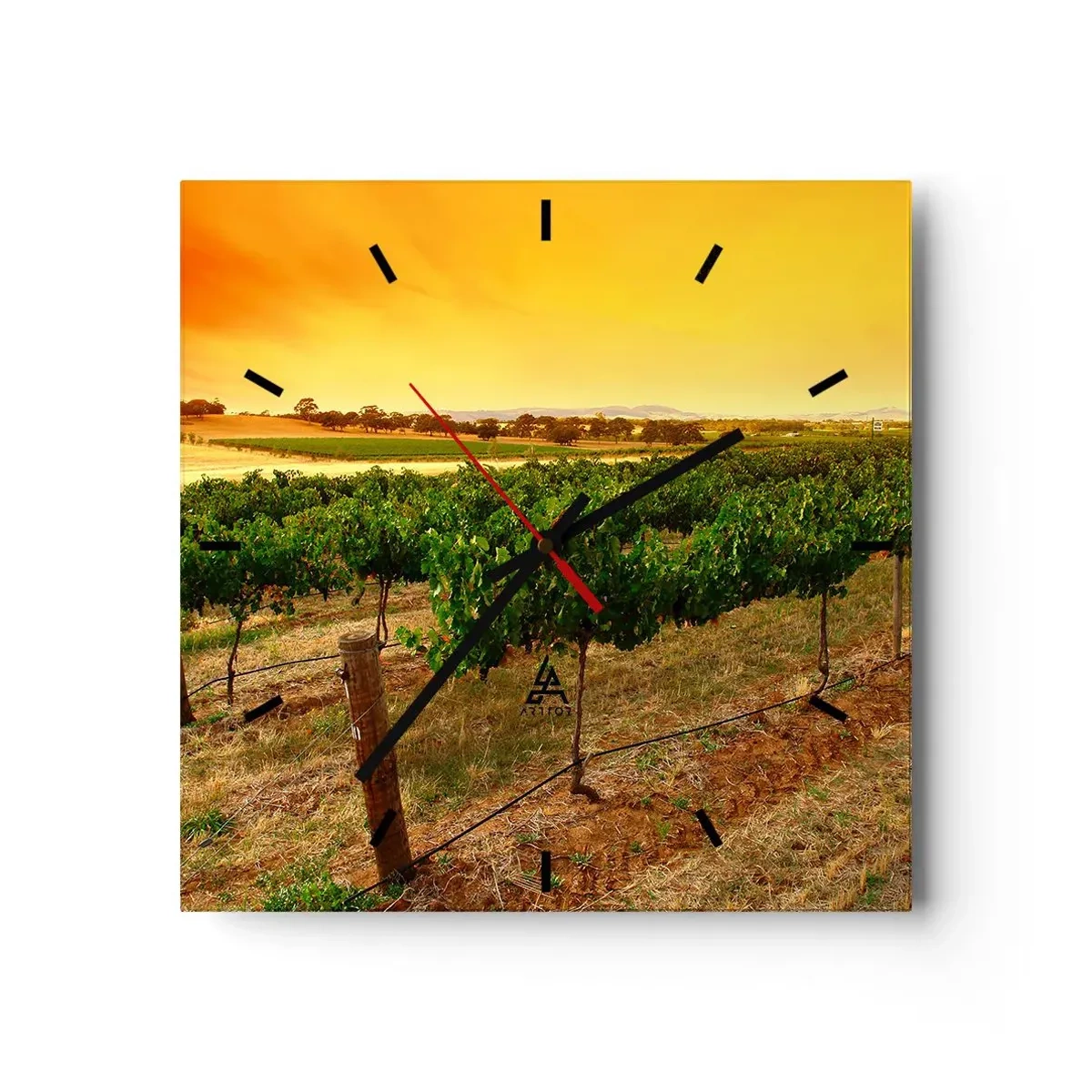 Wanduhr - Glasuhr - Weinreben auf einer Plantage bei einem goldenen Sonnenuntergang - 30x30cm - Holen Sie sich einen Drink von der Sonne - Moderne Wanddekoration für Wohnzimmer und Schlafzimmer ARTTOR