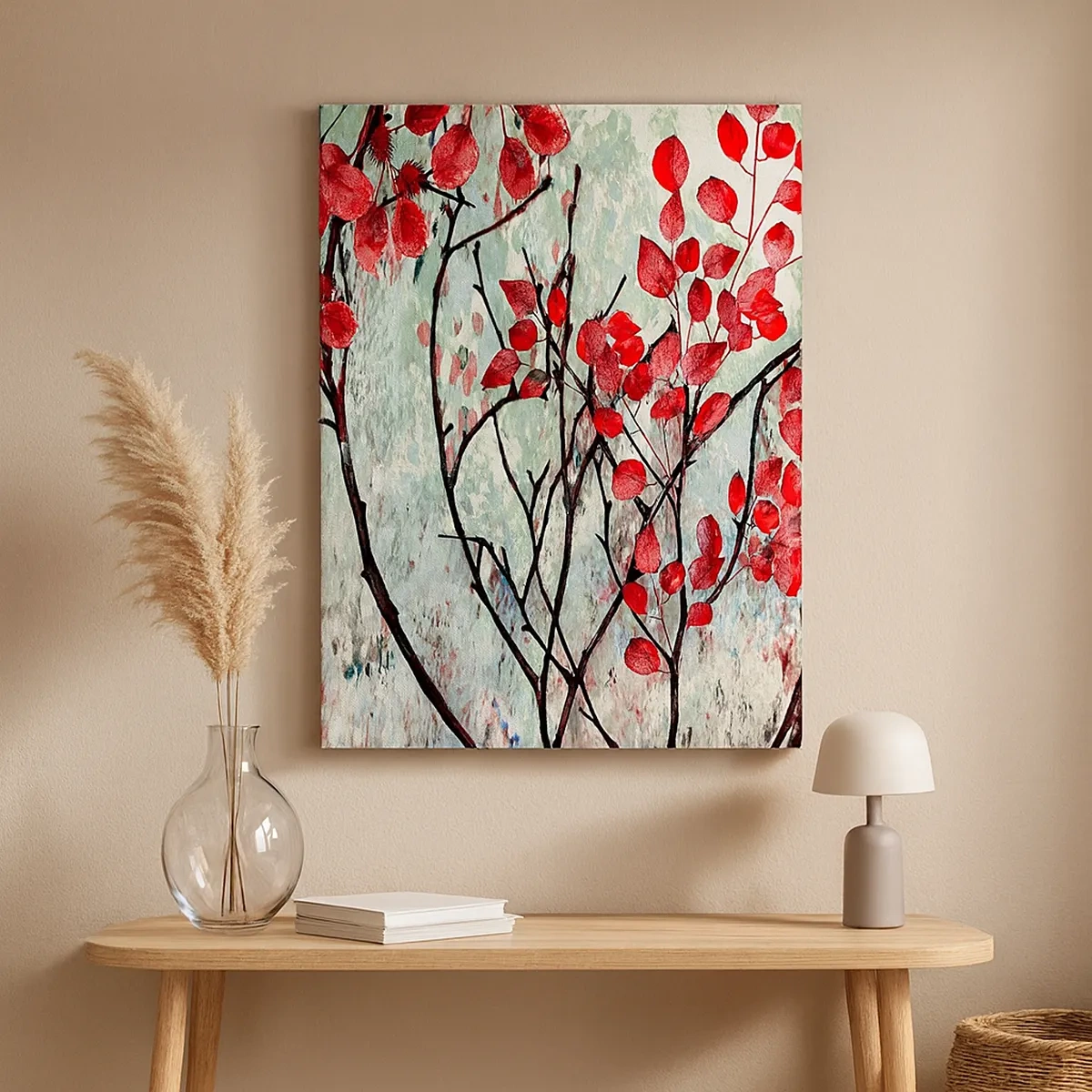 Bild auf Leinwand - Leinwandbild - Rote Blätter vor einem hellen Himmel mit abstrakten Mustern - 50x70cm - Baum in Scharlachrot - Moderne Wanddekoration für Wohnzimmer und Schlafzimmer ARTTOR