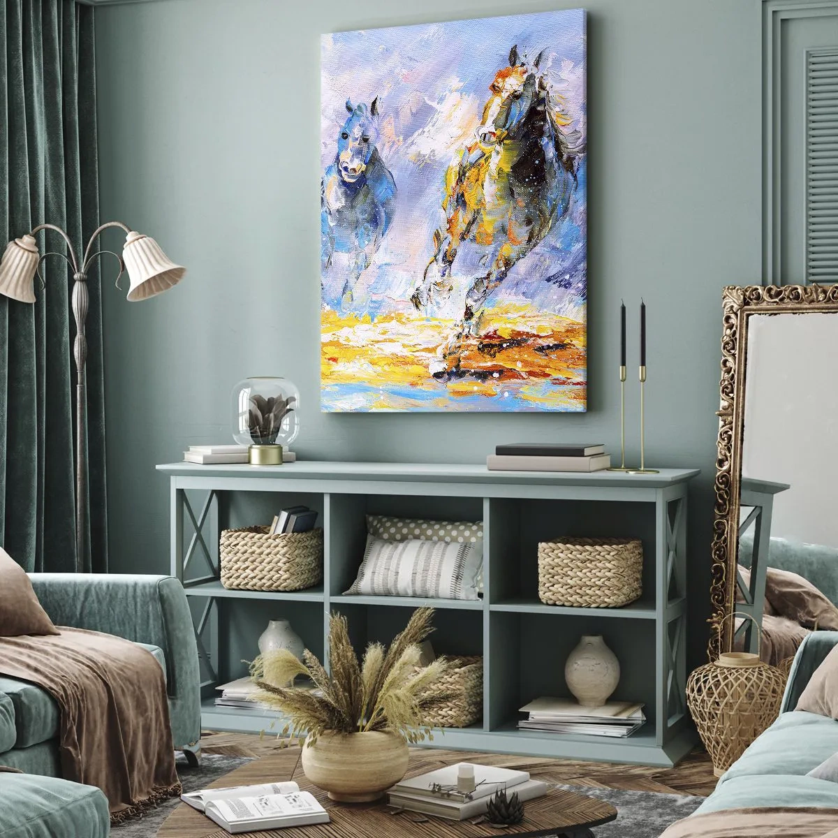 Bild auf Leinwand - Leinwandbild - Zwei Pferde in Bewegung vor dem Hintergrund einer abstrakten Landschaft - 70x100cm - Galopp durch die Blendung - Moderne Wanddekoration für Wohnzimmer und Schlafzimmer ARTTOR