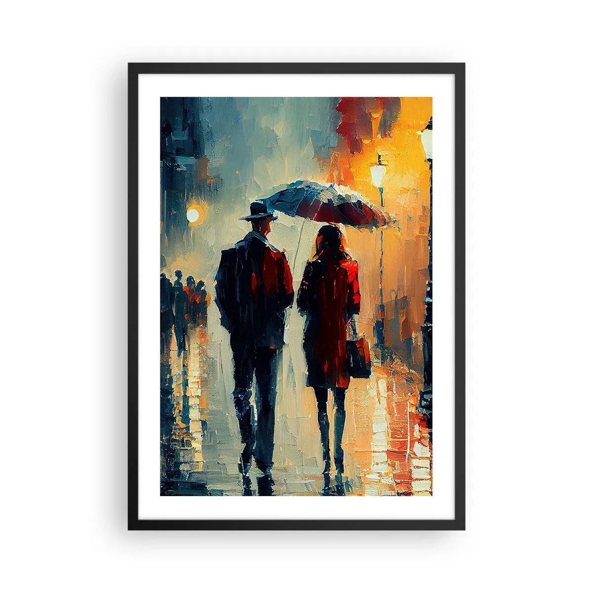 Poster in einem schwarzem Rahmen - Romantisches Paar unter einem Regenschirm im Regen - 50x70cm - Urbane Liebesgeschichte - Moderne Wanddekoration für Wohnzimmer und Schlafzimmer ARTTOR