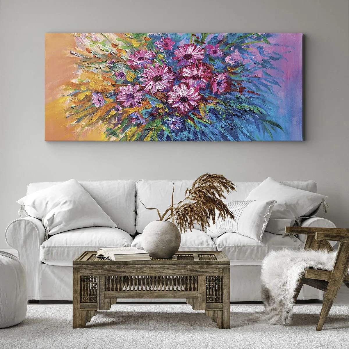 Bild auf Leinwand - Leinwandbild - Bunte Blumen in einem Strauß vor pastellfarbenem Hintergrund - 140x50cm - Lebensenergie - Moderne Wanddekoration für Wohnzimmer und Schlafzimmer ARTTOR