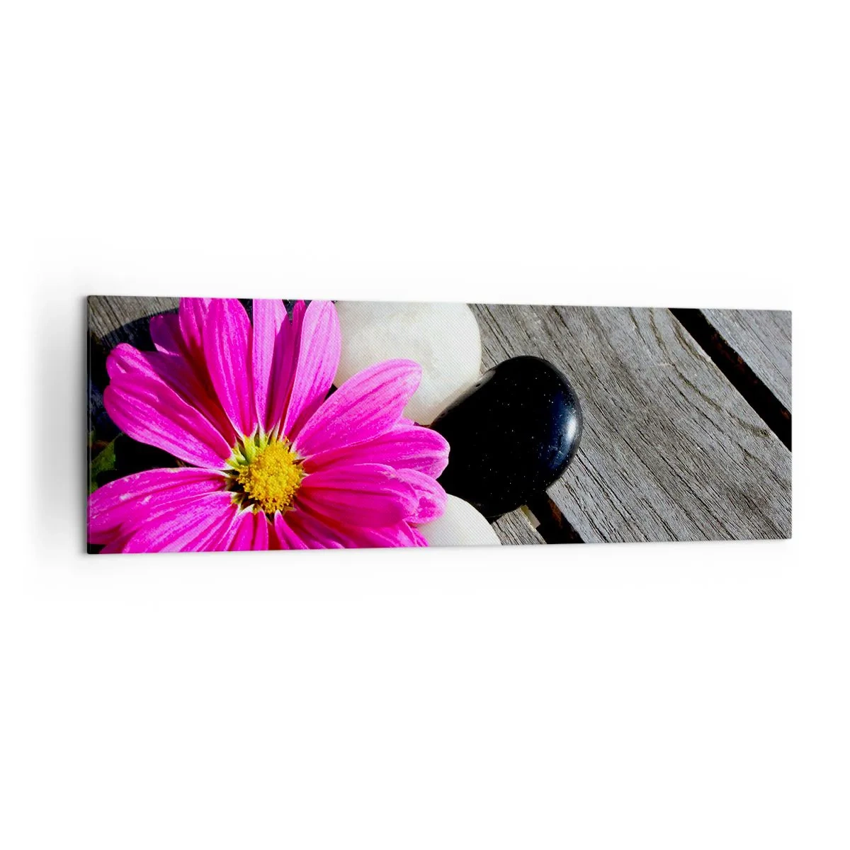 Bild auf Leinwand - Leinwandbild - Rosa Blume auf einem Hintergrund aus Holzbrettern mit Steinen - 160x50cm - Ruhe auf dem Pier - Moderne Wanddekoration für Wohnzimmer und Schlafzimmer ARTTOR