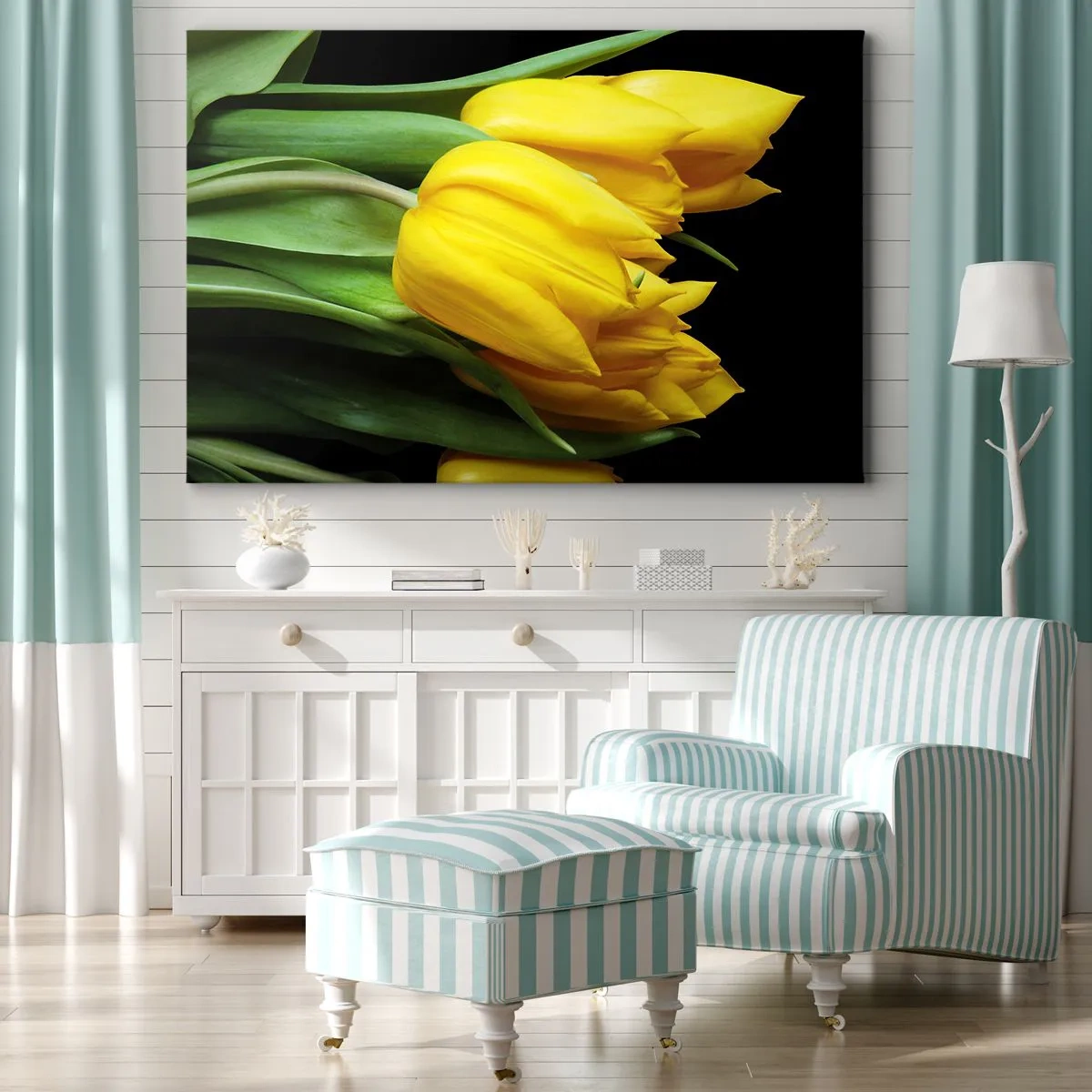 Bild auf Leinwand - Leinwandbild - Ein Strauß gelber Tulpen auf schwarzem Hintergrund - 120x80cm - Aus klarer Sonne entstanden - Moderne Wanddekoration für Wohnzimmer und Schlafzimmer ARTTOR