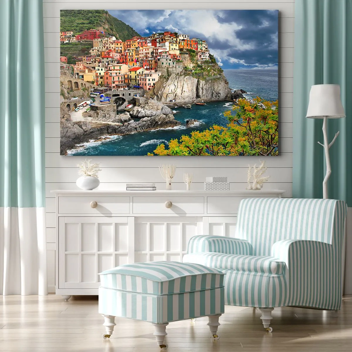 Bild auf Leinwand - Leinwandbild - Bunte Häuser auf einer Klippe mit Blick auf das Meer in Cinque Terre - 70x50cm - Eine Gruppe umarmt die Felsen - Moderne Wanddekoration für Wohnzimmer und Schlafzimmer ARTTOR