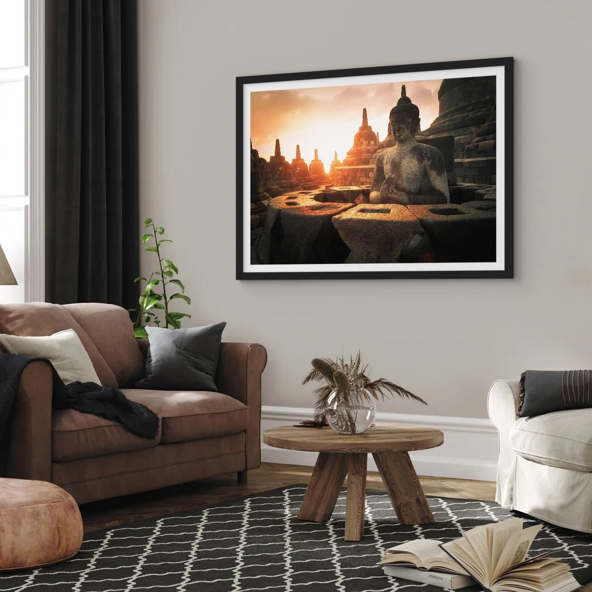 Poster in einem schwarzem Rahmen - Buddha-Statue im Borobudur-Tempel bei Sonnenuntergang - 100x70cm - Wetter der großen Weisheit - Moderne Wanddekoration für Wohnzimmer und Schlafzimmer ARTTOR