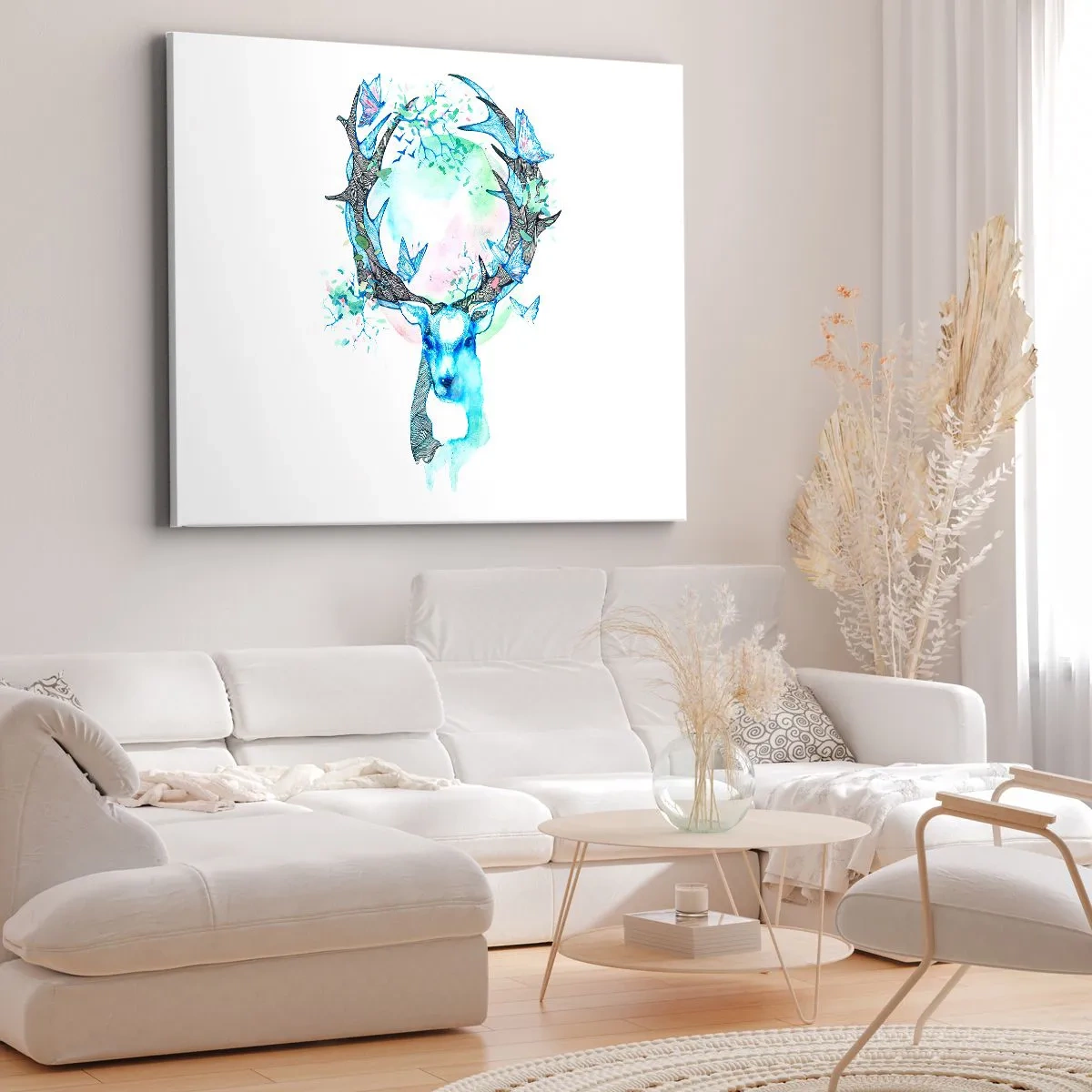 Bild auf Leinwand - Leinwandbild - Eine skurrile Hirschgrafik mit Natur- und Schmetterlingsmotiv - 120x80cm - Die Kraft und Feinheit der Natur - Moderne Wanddekoration für Wohnzimmer und Schlafzimmer ARTTOR
