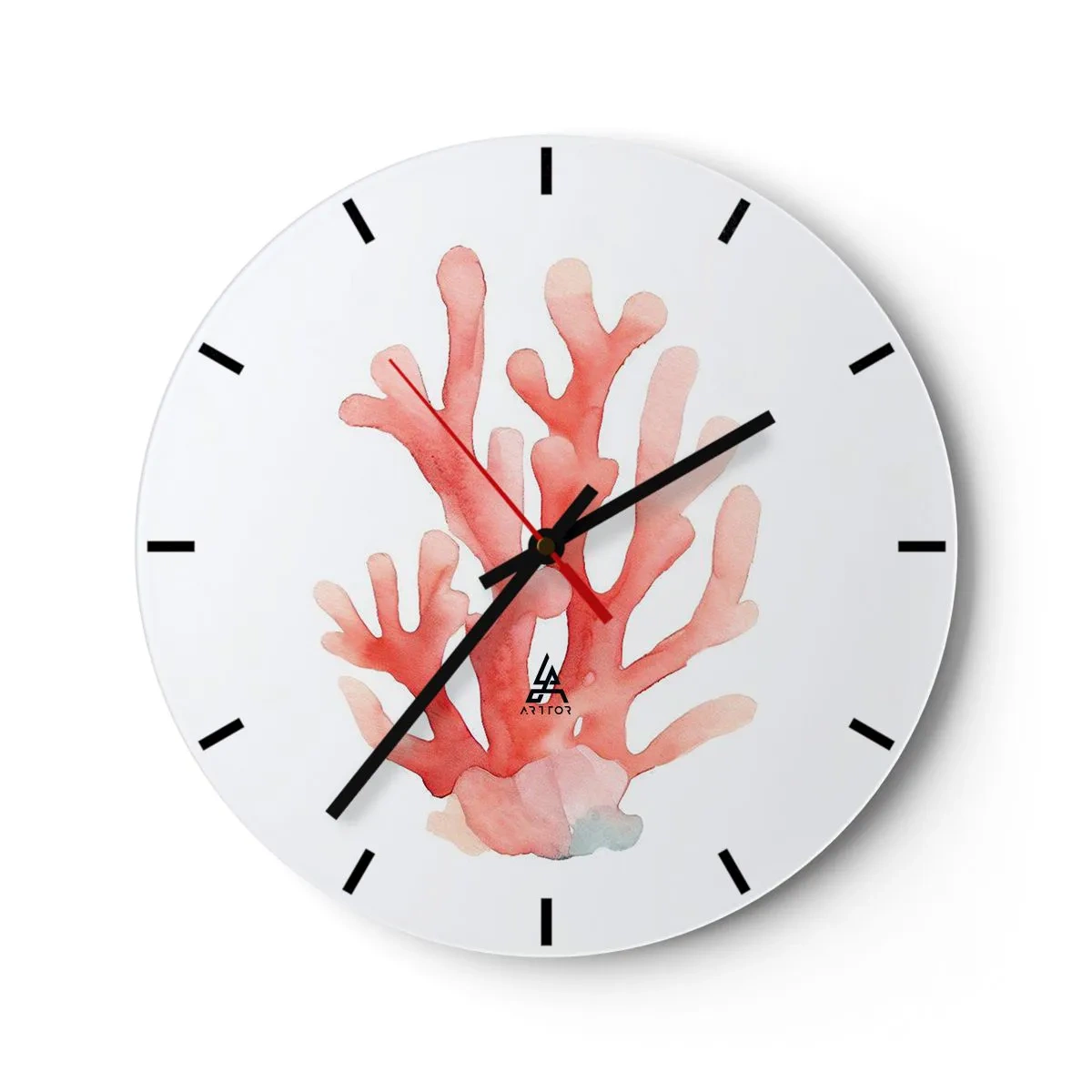 Wanduhr - Glasuhr - Rote Koralle in Aquarell auf weißem Hintergrund gemalt - 30x30cm - Korallenfarbene Koralle - Moderne Wanddekoration für Wohnzimmer, Küche und Schlafzimmer ARTTOR