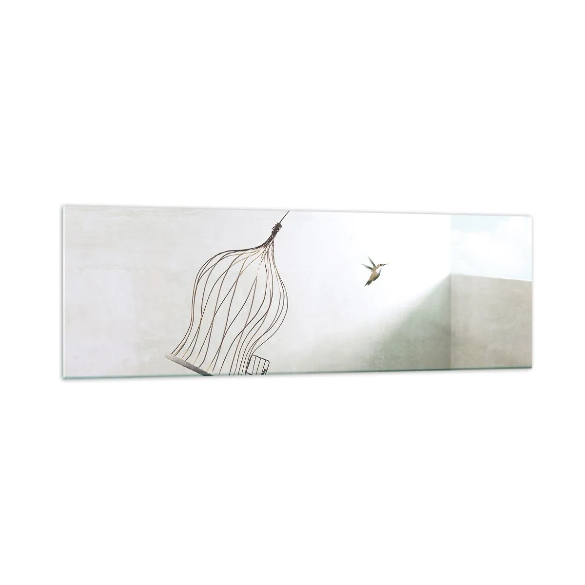 Glasbild - Bild auf glas - Ein aus einem Käfig befreiter Vogel vor dem Hintergrund eines hellen Himmels - 160x50cm - In seinem Element - Moderne Wanddekoration für Wohnzimmer und Schlafzimmer ARTTOR
