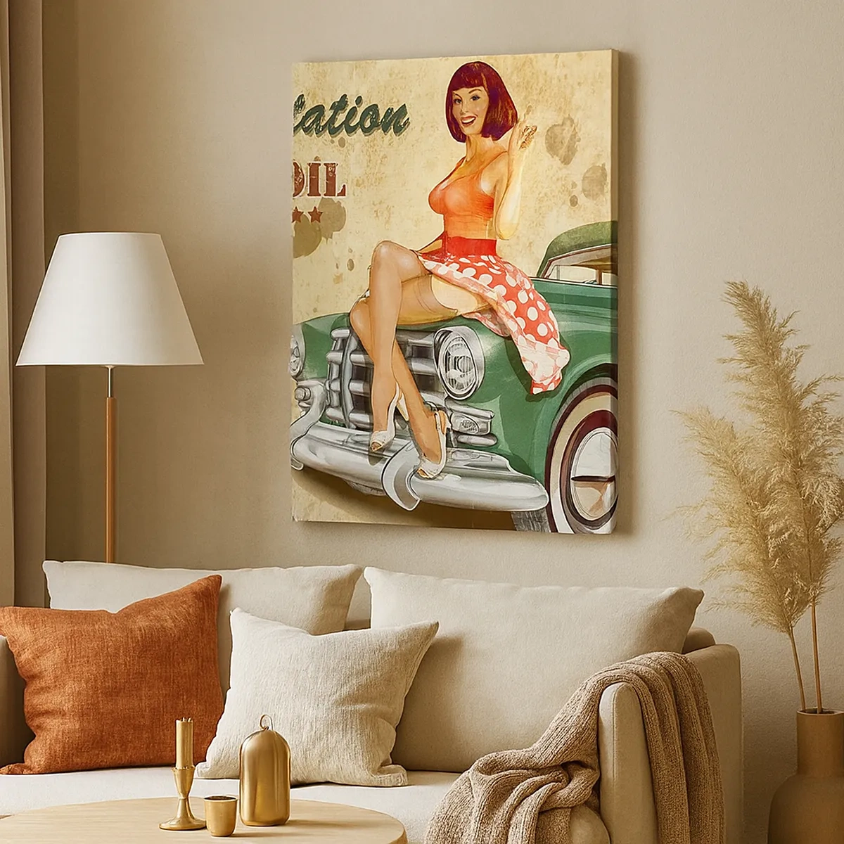 Bild auf Leinwand - Leinwandbild - Retro-Route 66-Poster mit Pin-up-Girl und Auto - 50x70cm - Die großen Jahre der 40er. - Moderne Wanddekoration für Wohnzimmer und Schlafzimmer ARTTOR