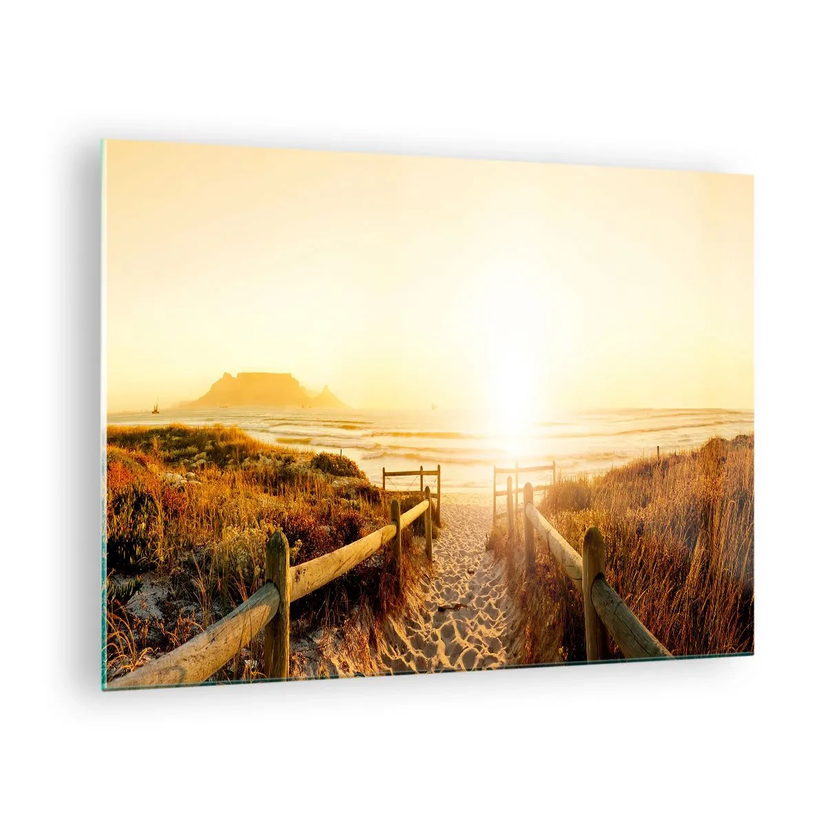 Glasbild - Bild auf glas - Weg über die Düne zum Strand bei Sonnenuntergang - 70x50cm - Über die Düne, der Sonne entgegen - Moderne Wanddekoration für Wohnzimmer und Schlafzimmer ARTTOR