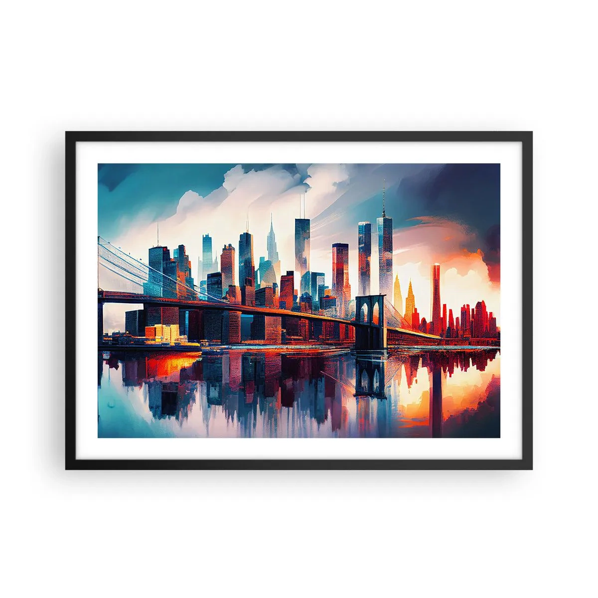 Poster in einem schwarzem Rahmen - New York City Panorama mit Brücke und Spiegelung im Wasser - 70x50cm - Traumhaftes New York - Moderne Wanddekoration für Wohnzimmer und Schlafzimmer ARTTOR