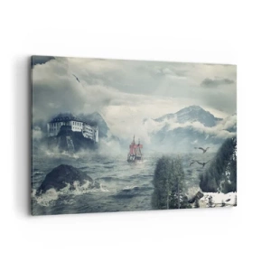 Bild auf Leinwand - Leinwandbild - Eine geheimnisvolle Landschaft mit einem Schloss, Bergen und einem Schiff - 100x70cm - In magischen Gewässern - Moderne Wanddekoration für Wohnzimmer und Schlafzimmer ARTTOR