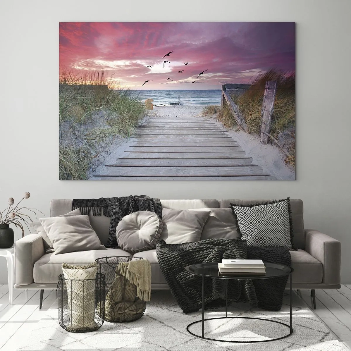 Glasbild - Bild auf glas - Weg zum Strand bei Sonnenuntergang mit fliegenden Vögeln - 120x80cm - Baltischer Eindruck - Moderne Wanddekoration für Wohnzimmer und Schlafzimmer ARTTOR