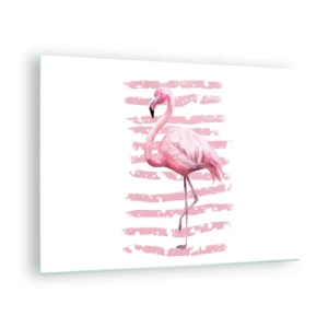 Glasbild - Bild auf glas - Ein rosa Flamingo vor einem Hintergrund aus künstlerischen rosa Streifen. - 70x50cm - In Würde, aber in Pink - Moderne Wanddekoration für Wohnzimmer und Schlafzimmer ARTTOR