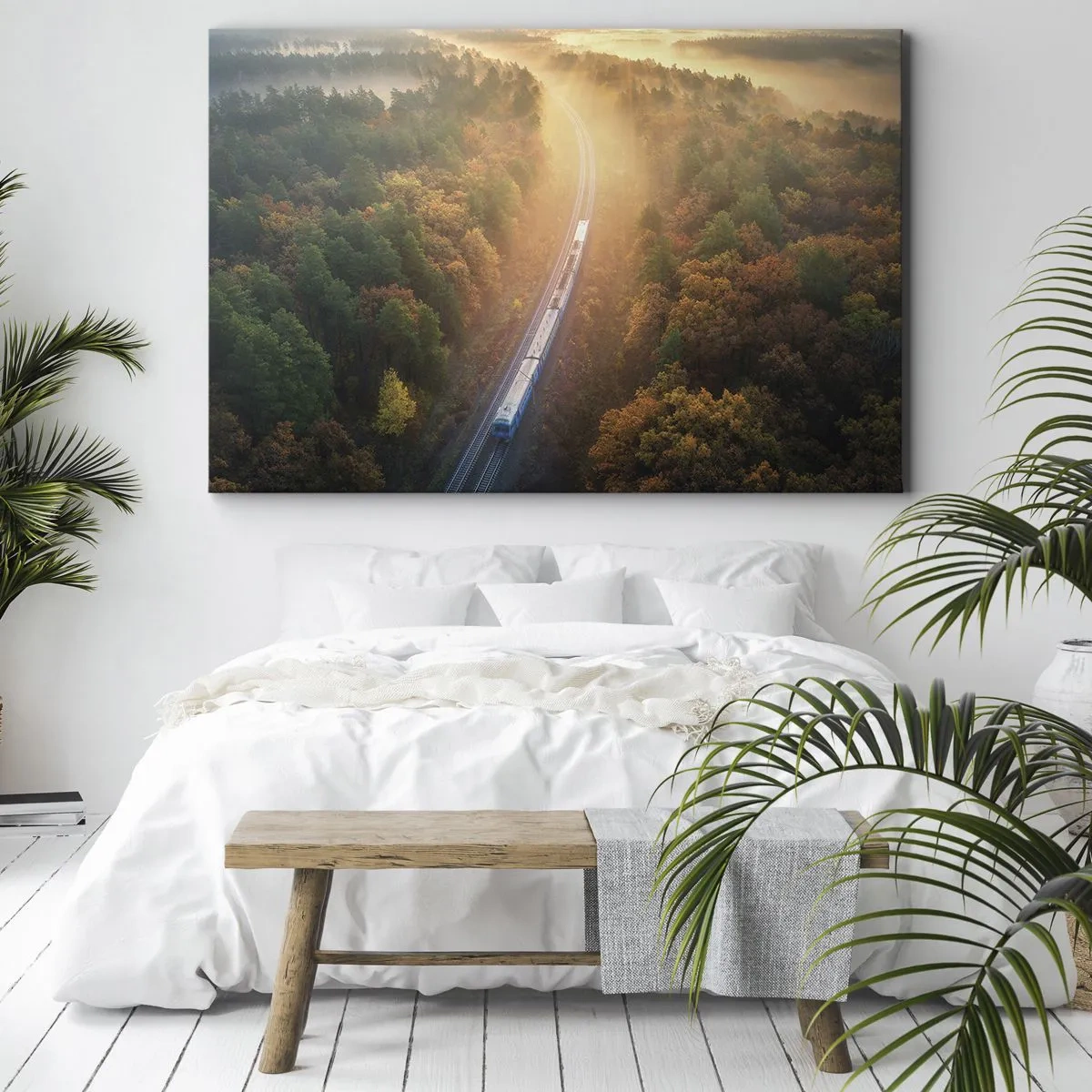 Bild auf Leinwand - Leinwandbild - Ein Zug in einem herbstlichen Wald im Morgengrauen - 70x50cm - Herbstreise - Moderne Wanddekoration für Wohnzimmer und Schlafzimmer ARTTOR