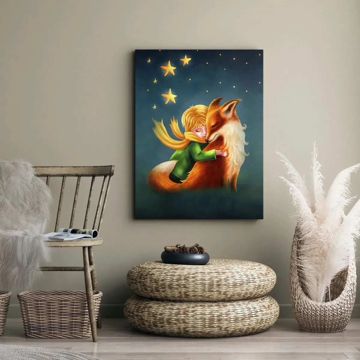 Bild auf Leinwand - Leinwandbild - Ein Junge mit einem Fuchs in einer magischen Umgebung mit Sternen - 50x70cm - Kleiner Prinz - Moderne Wanddekoration für Wohnzimmer und Schlafzimmer ARTTOR