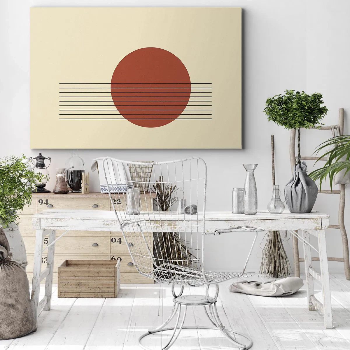 Bild auf Leinwand - Leinwandbild - Abstrakter roter Kreis mit Linien auf beigem Hintergrund. - 70x50cm - Immer wieder und weiter - Moderne Wanddekoration für Wohnzimmer und Schlafzimmer ARTTOR
