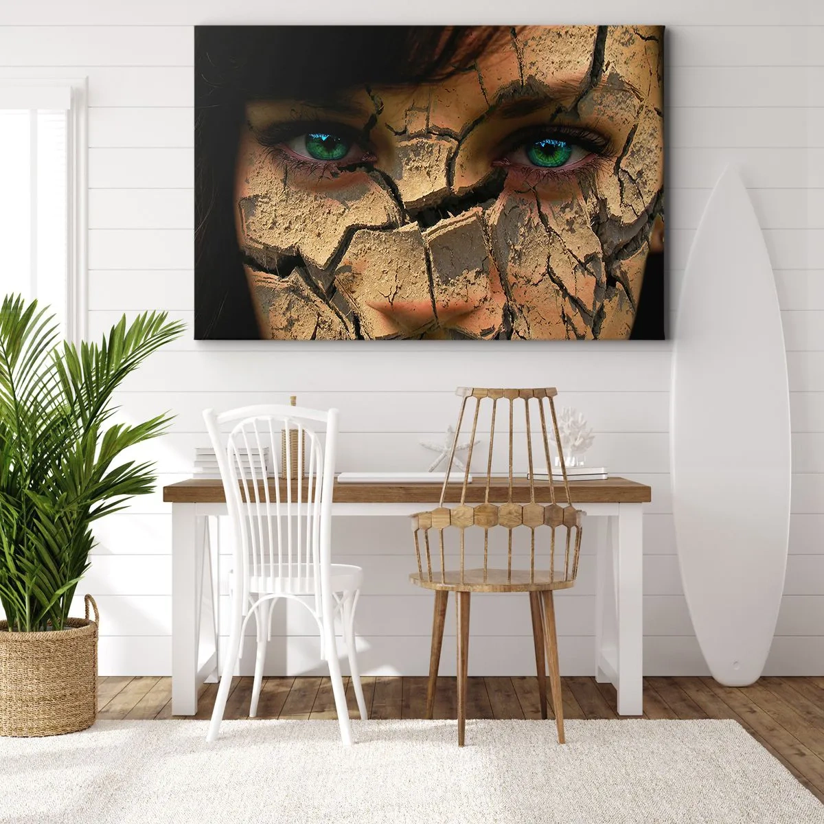 Bild auf Leinwand - Leinwandbild - Das Gesicht einer Frau mit grünen Augen, bedeckt mit einer rissigen Erdstruktur - 70x50cm - Freude und Grauen zugleich - Moderne Wanddekoration für Wohnzimmer und Schlafzimmer ARTTOR