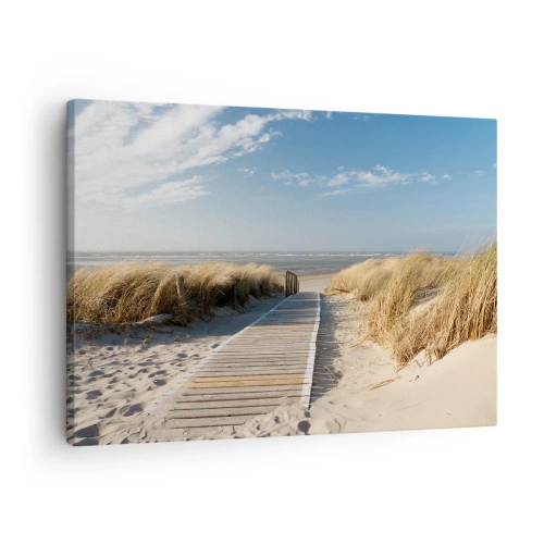 Bild auf Leinwand - Leinwandbild - Ein Holzweg führt durch die Dünen zum ruhigen Meer - 70x50cm - Hinter der Düne, im Rauschen des Grases - Moderne Wanddekoration für Wohnzimmer und Schlafzimmer ARTTOR