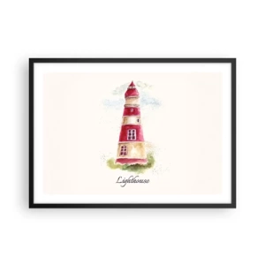 Poster in einem schwarzem Rahmen - Ein Aquarell eines Leuchtturms auf hellem Hintergrund mit einer Inschrift - 70x50cm - Das Wetter ringsum ist immer gut - Moderne Wanddekoration für Wohnzimmer und Schlafzimmer ARTTOR