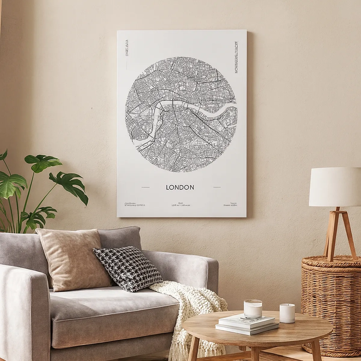 Bild auf Leinwand - Leinwandbild - Eine minimalistische Karte von London in Schwarzweiß mit präzisen Details. - 50x70cm - Anatomie von London - Moderne Wanddekoration für Wohnzimmer und Schlafzimmer ARTTOR