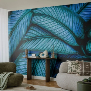 Fototapete Premium Sand - Nahaufnahme von türkisfarbenen Blättern mit intensiver Maserung - 100x70cm - Lebenslinien - Moderne Wanddekoration für Wohnzimmer und Schlafzimmer ARTTOR