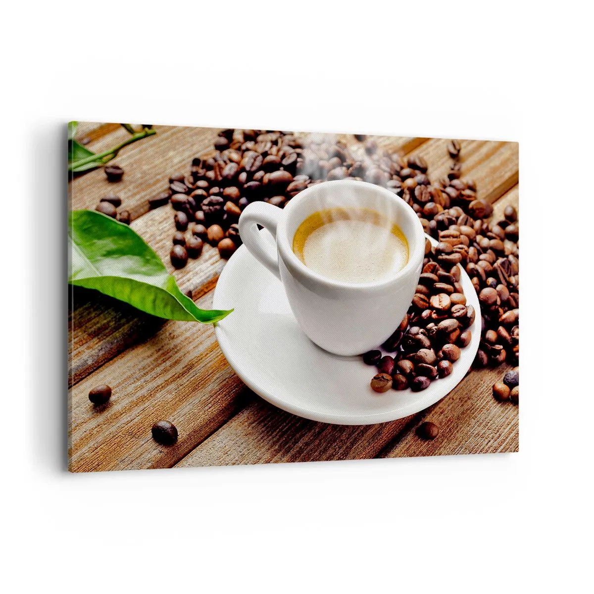 Bild auf Leinwand - Leinwandbild - Eine Tasse aromatischen Kaffee vor dem Hintergrund von Bohnen und einem Blatt - 120x80cm - Kaffee auf der Bank - Moderne Wanddekoration für Wohnzimmer und Schlafzimmer ARTTOR