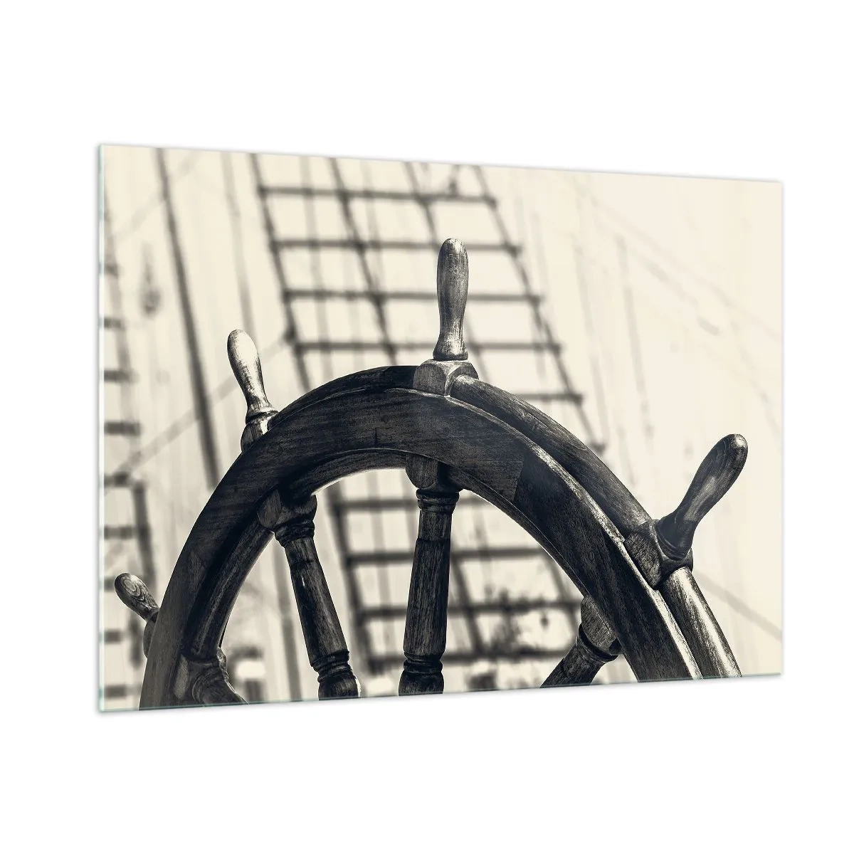 Glasbild - Bild auf glas - Schwarz-weißes nautisches Schiffsrad - 100x70cm - Meeresgeschichten - Moderne Wanddekoration für Wohnzimmer und Schlafzimmer ARTTOR