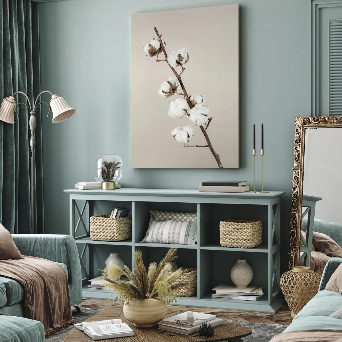 Bild auf Leinwand - Leinwandbild - Ein Zweig Baumwolle auf beigem Hintergrund - 50x70cm - An der Quelle der Weichheit - Moderne Wanddekoration für Wohnzimmer und Schlafzimmer ARTTOR