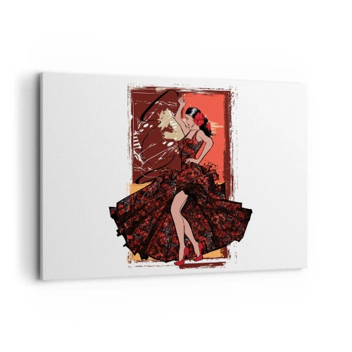 Bild auf Leinwand - Leinwandbild - Eine Tänzerin in einem rot-schwarzen Kleid vor einem künstlerischen Hintergrund - 100x70cm - Im Rhythmus des Herzens - Moderne Wanddekoration für Wohnzimmer und Schlafzimmer ARTTOR