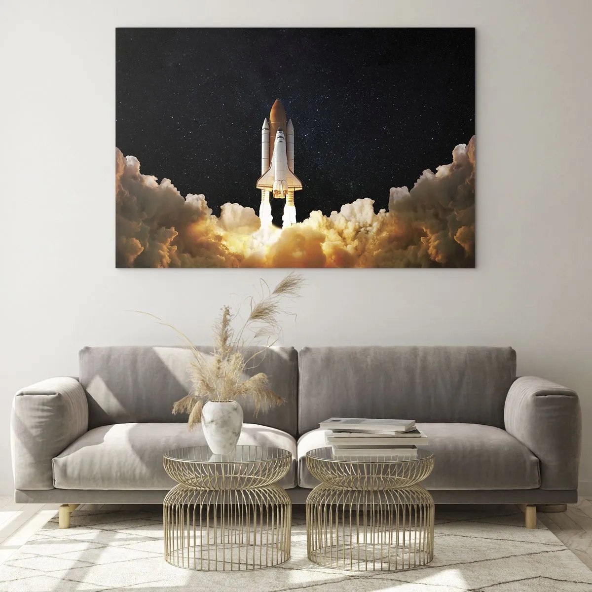 Glasbild - Bild auf glas - Ein Space Shuttle hebt vor einem Sternenhimmel ab - 70x50cm - Ad Astra! - Moderne Wanddekoration für Wohnzimmer und Schlafzimmer ARTTOR